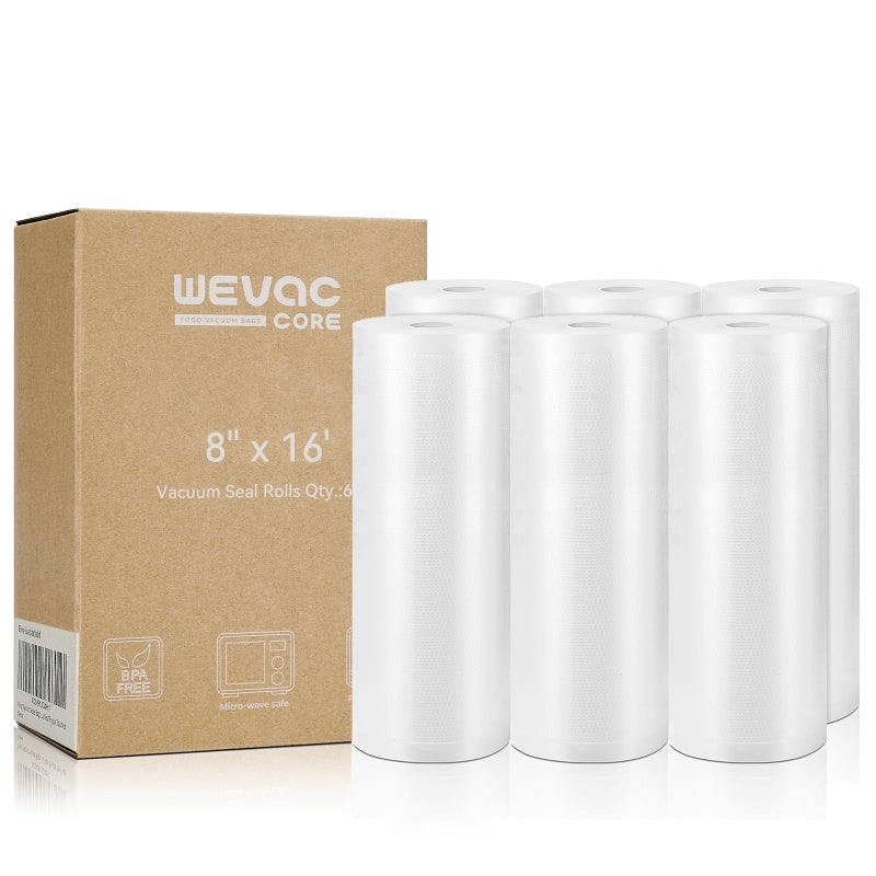 Wevac Vacuum Sealer Bags 8x16' Rolls 6 pack for Food Saver, Seal a Meal, Weston. Commercial Grade, BPA Free, Heavy Duty, Great for vac storage, Meal Prep or Sous Vide - Image 1